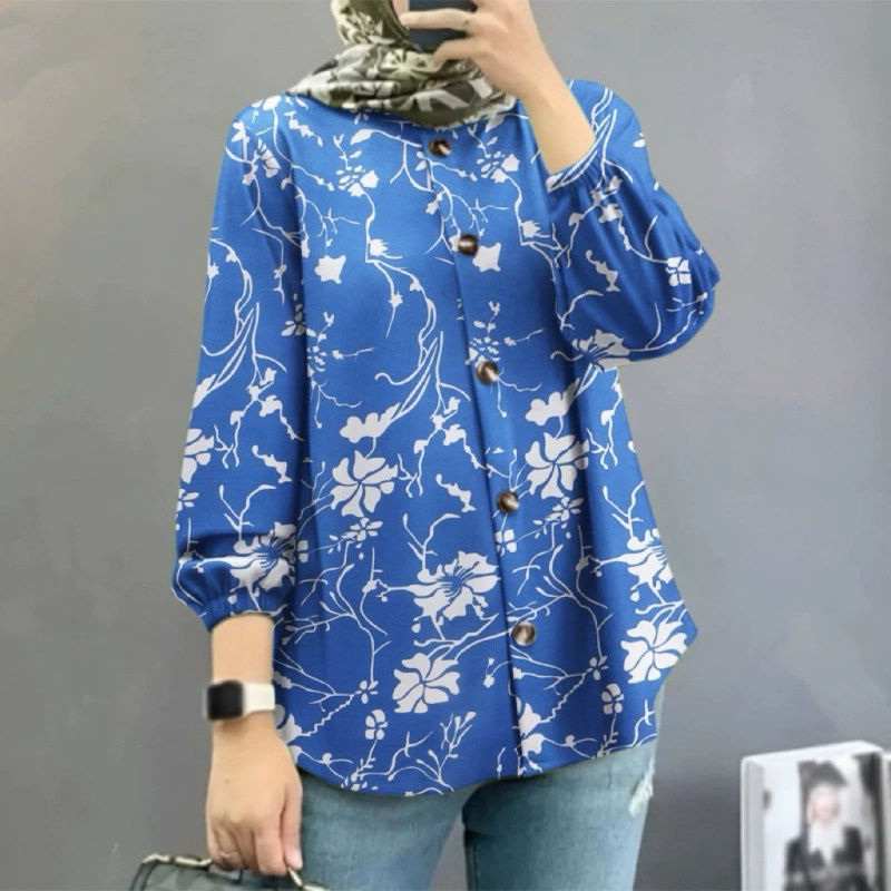 Кросс-бордерная женская мусульманская рубашка с цветочным принтом Amazon Ближний Восток Малайзия 2024, модные пышные рукава, оптовая партия от производителя