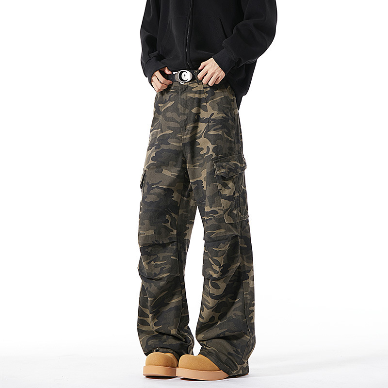 Camouflage Cargo Pants Men's Spring and Autumn New American High Street Large Pocket Straight Pants Loose Wide-Leg Casual Pants