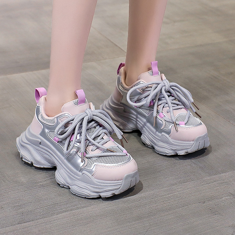 Pink purple thick soled dad for women 2024 autumn new Korean version student European goods mesh breathable casual_voghion.com