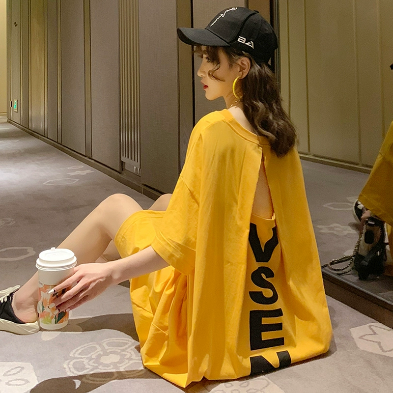 Летняя корейская версия 100kg года, платье больших размеров с открытой спиной, женское хлопковое длинное платье, закрывающее живот, для полных девочек, платье-футболка с короткими рукавами