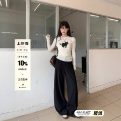 宋正恩黑色直筒西装阔腿裤女夏季新款高腰宽松休闲裤垂感拖地长裤