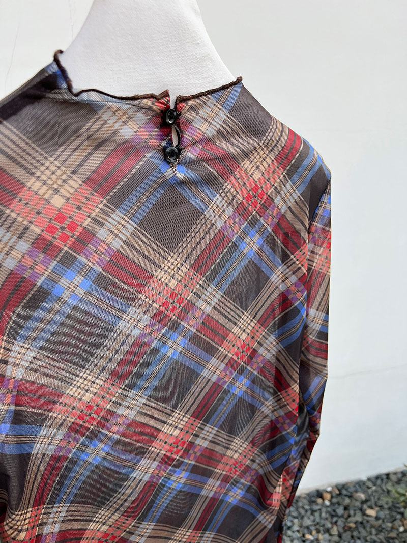 Plaid Mesh T shirt Women Spring Sexy Pleated Waist Tight Slimming Bottoming Top