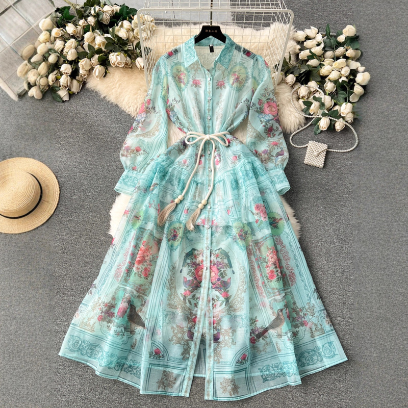 Cross-Border European Palace Style Dress, Spring Dress for Women, Retro Print, Slim Fit, Long Style, High-End Temperament Dress