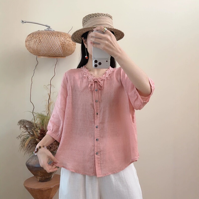 New Lace-Up Collared Ramie Shirt with Single-Breasted Three-Quarter Sleeves, Fashionable Solid Color Ramie Top for Women New Lace-Up Collared Ramie Shirt with Single-Breasted Three-Quarter Sleeves, Fashionable Solid Color Ramie Top for Women
