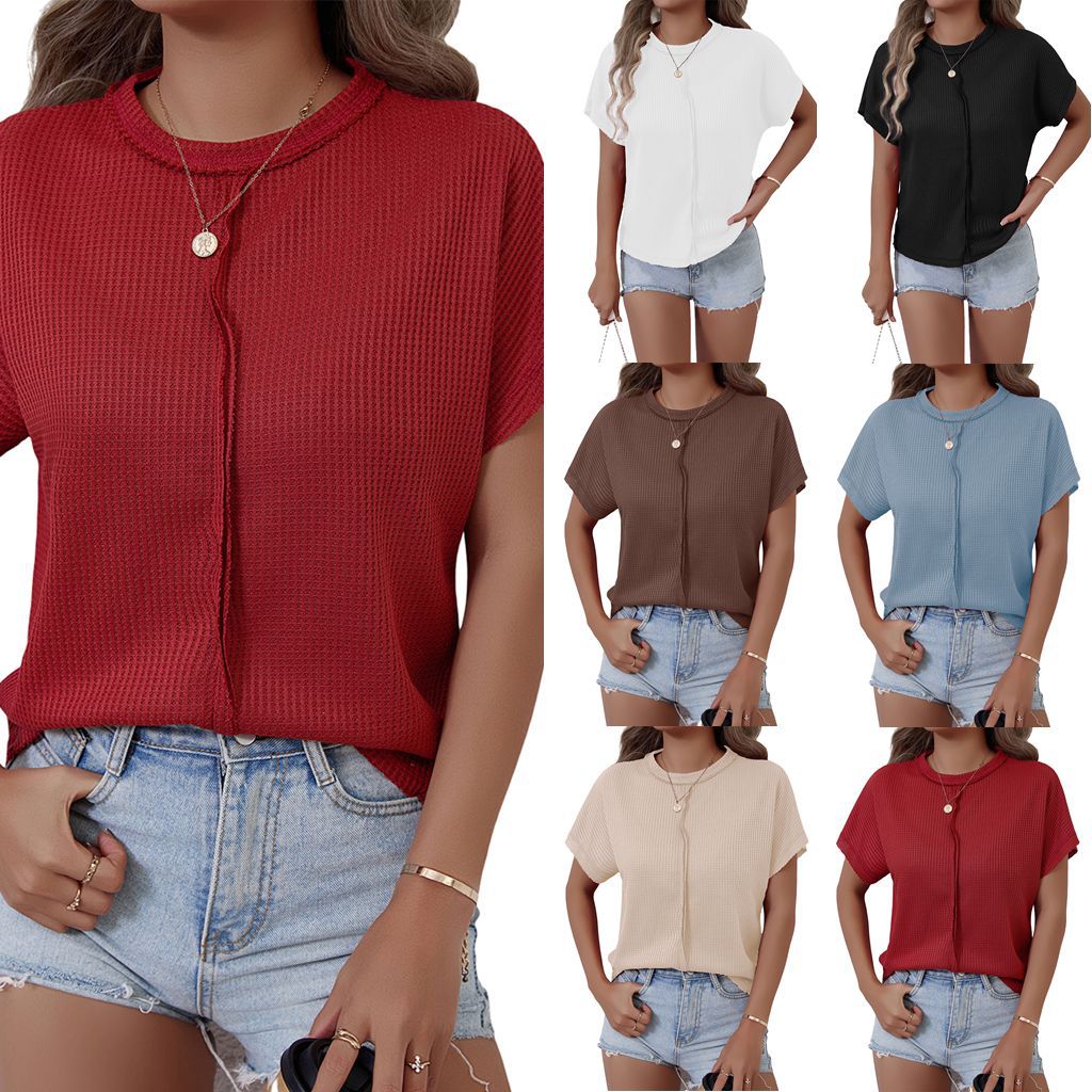 2025春夏亚马逊新款跨境外贸欧美女装华夫格圆领短袖纯色T恤上衣
