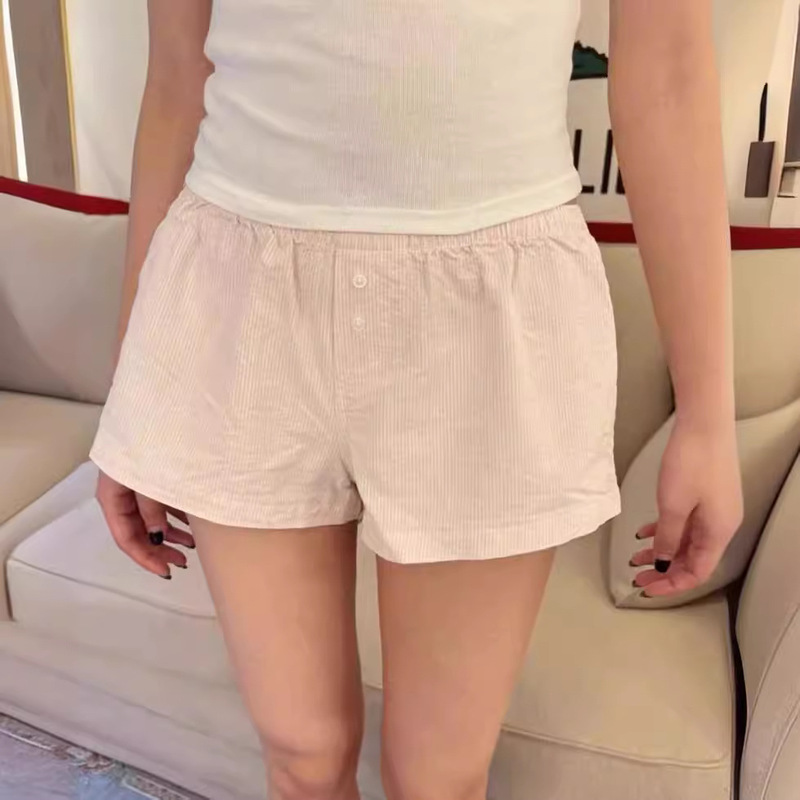 Bm Style New Elastic Waist Light Pink Stripesd Shorts Women's Home Pants Casual Straight Pants Sports Hot Pants Summer