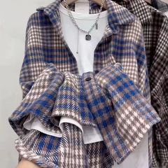 毛呢外套格子衬衫女2025秋冬新款韩版复古港味宽松加厚磨毛衬衣女
