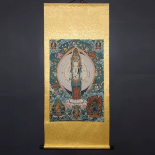 古玩字画装饰画玄关画做旧仿古已装裱唐卡四臂观音藏佛卷轴中堂画