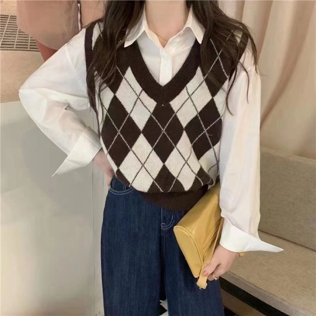 Rhombus chaleco suéter nicho chaleco primavera y otoño 2024 nuevo Popular Superior de las mujeres apiladas suéter exterior
