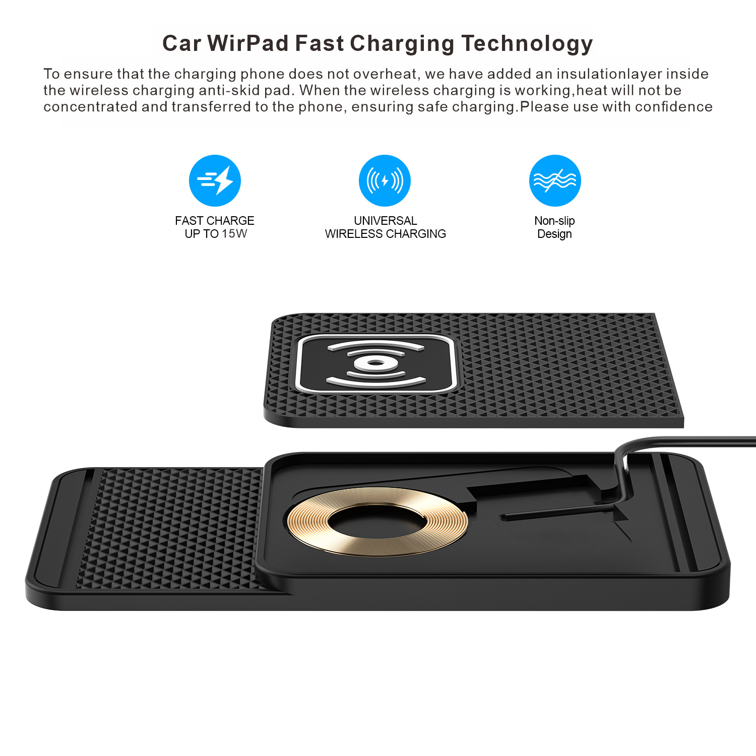 D1 Avoidance and Convex Lens Car Anti-Slip Wireless Fast Charger Suitable for All Models of Apple, Samsung, Huawei and Xiaomi
