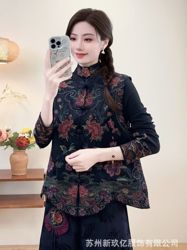 民族风重工刺绣马甲女2025秋季款复古棉提花缎面背心无袖马夹外套|undefined