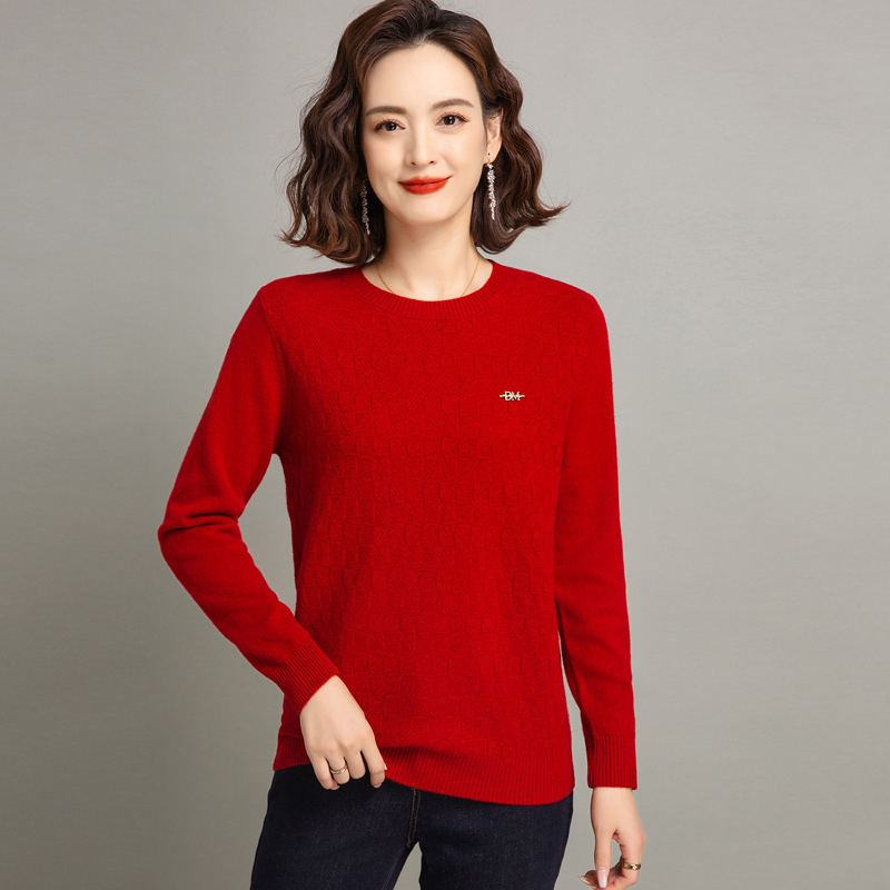 High-End Pure Cashmere Women's Autumn and Winter New Base Shirt Stylish Mom Round Neck Versatile Loose Plus-Size Thin Sweater