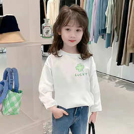 女童新款百搭儿童100%纯棉白色长袖春秋洋气打底衫早秋T恤童装潮