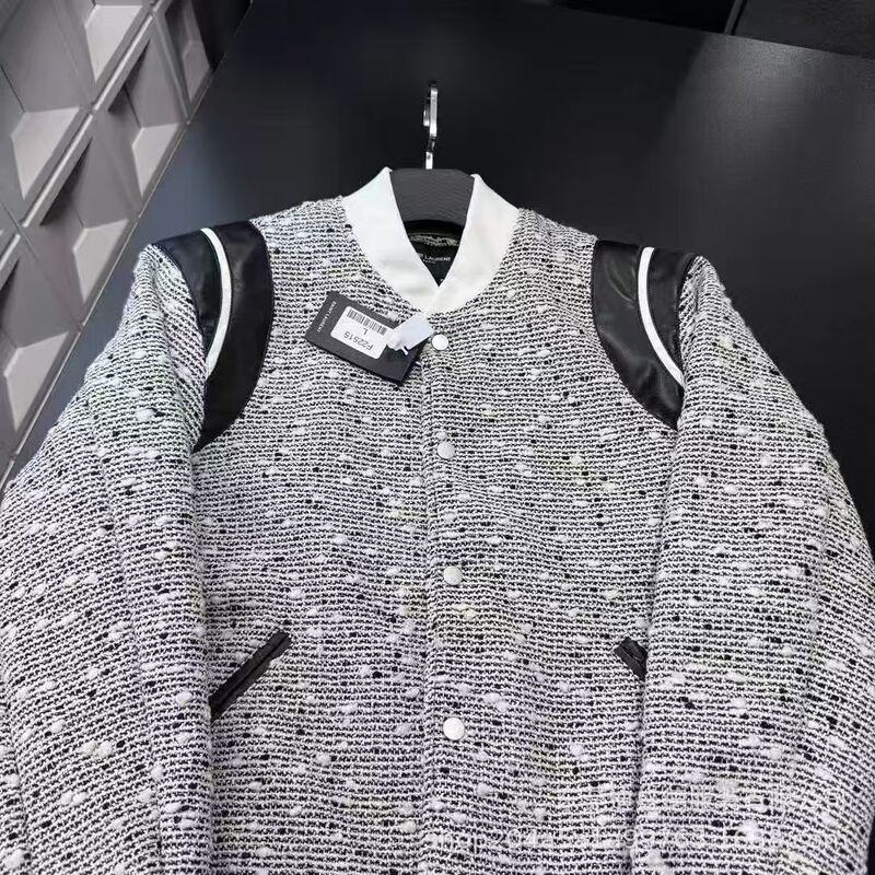 Light Luxury Chanel-Style Tweed Baseball Jacket with Black and White Color-Blocking and Leather Shoulder Design, Offering a High-End Feel, Loose Fit, and Slimming Effect