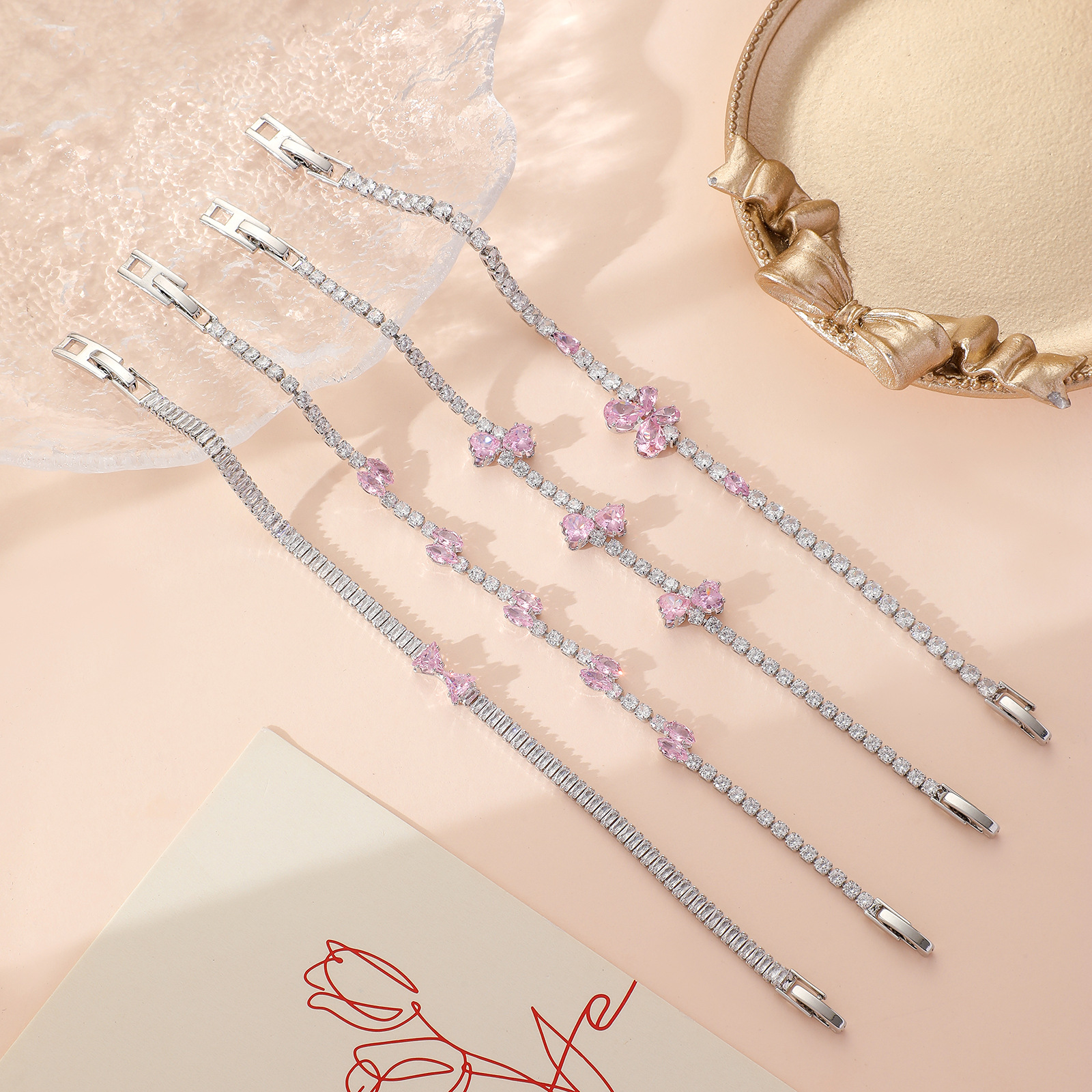 7g Weight Copper Pendant Material Zircon Inlay Material Bracelets Classification Copper Chain Material 1 Piece Quantity Casual, Daily Occasion Copper Material Heart Shape, Bow Knot Pattern Women's Gender Plating, Inlay Design Sweet Style Pink, Gold, Silver Color Copper Plating Inlay Heart Shape Bow Knot Zircon Bracelets 2