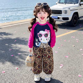 女童秋季豹纹套装2026新款儿童洋气时髦小女孩卡通拼色休闲两件套