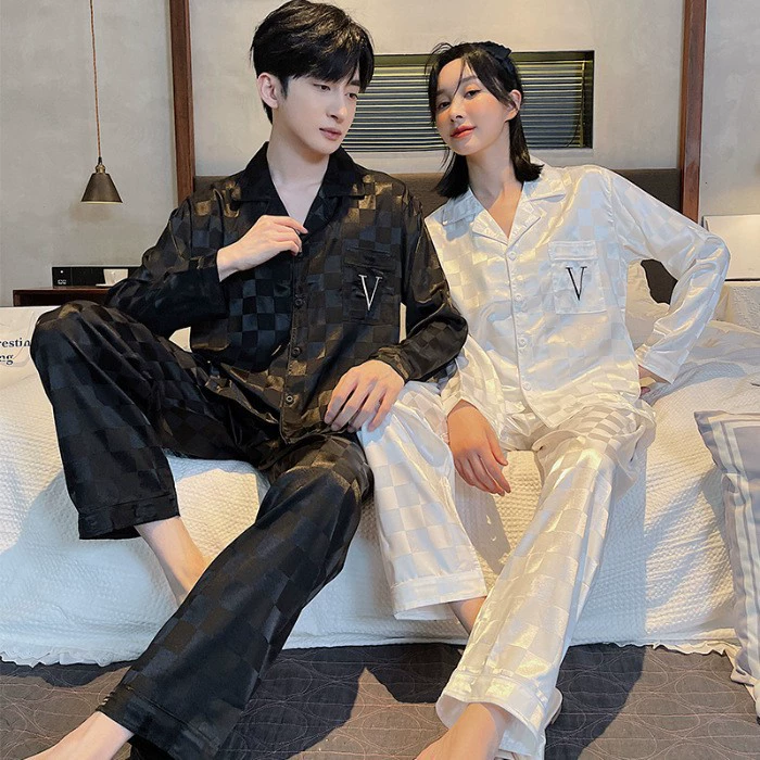 Пижамы для пар, весна и осень, ледяной шелк, Мужская и Женская Летняя шелковая тонкая английская домашняя одежда в стиле Харадзюку, весна и осень