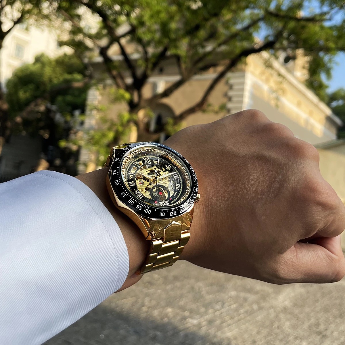 Winner Hollow Reloj mecánico automático para hombre con correa de acero inoxidable dorado_voghion.com