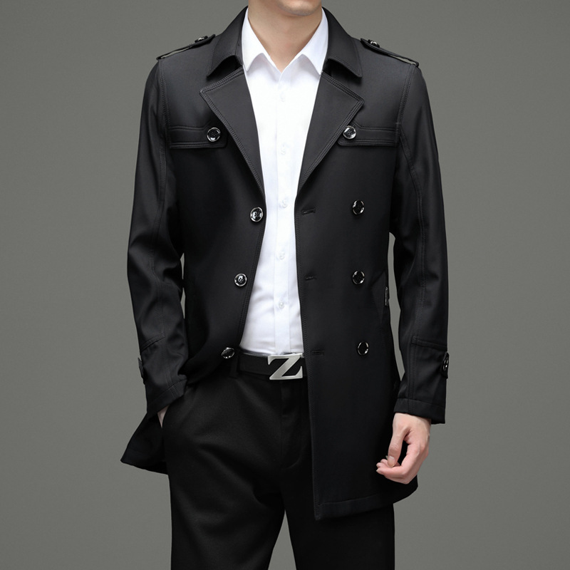 Monochrome Man- 2024 Early Business Mid-Length Double-Breasted Trench Coat Men's Suit Collar Jacket Spring Autumn Outerwear Men_voghion.com