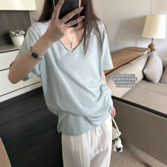 スーパーニニーミント&リラックススノーフレークテクスチャカールVネック半袖ルーズレイジーTシャツトップ女性用