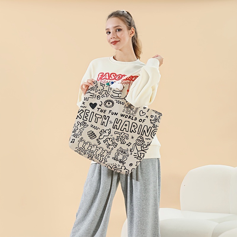 亚马逊热销简约时尚双面印花图白麻购物袋环保超大容量女帆布包包