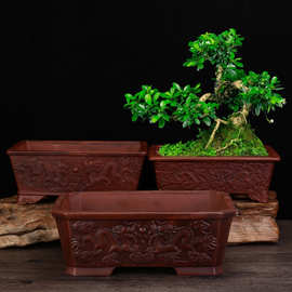 紫砂花盆仿古长方形客厅创意个性盆景榕树老庄绿植黑松盆栽中国风