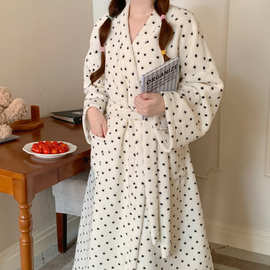 跨境专供女冬季韩系宽松简约加厚绒感波点绑带一片式睡衣长袖睡袍