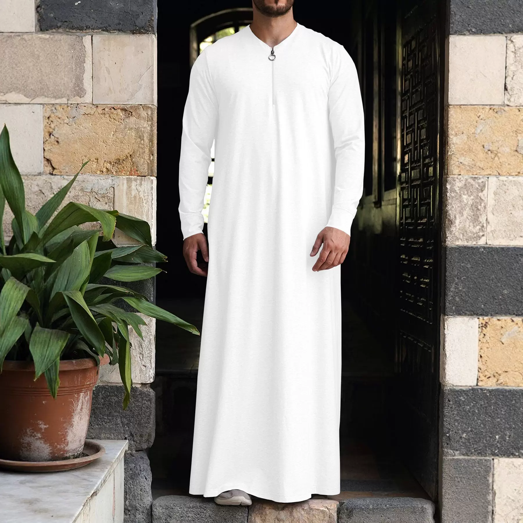 2025新款穆斯林男士宽松舒适休闲拉链阿拉伯长袍