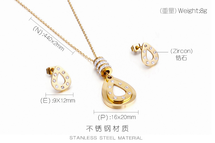 new European and American creative titanium steel drop stick diamond necklace earrings suit wholesal