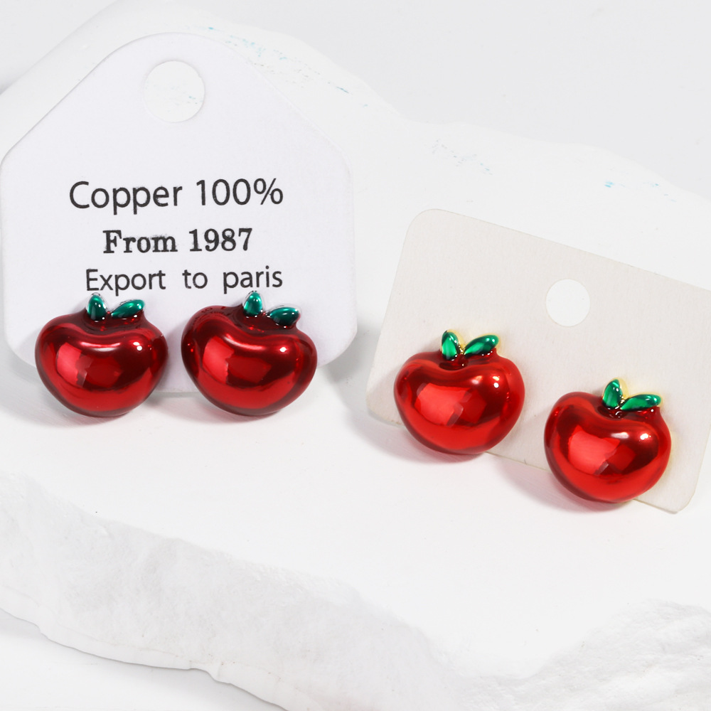 8g Weight Copper Ear Needle Material Ear Studs Classification 1 Pair Quantity Holiday, Daily Occasion Copper Material Cherry, Apple, Strawberry Pattern All Seasons Season Women's Gender Enamel Design Cute Style 1 Pair Cute Cherry Apple Strawberry Enamel Copper Ear Studs 2