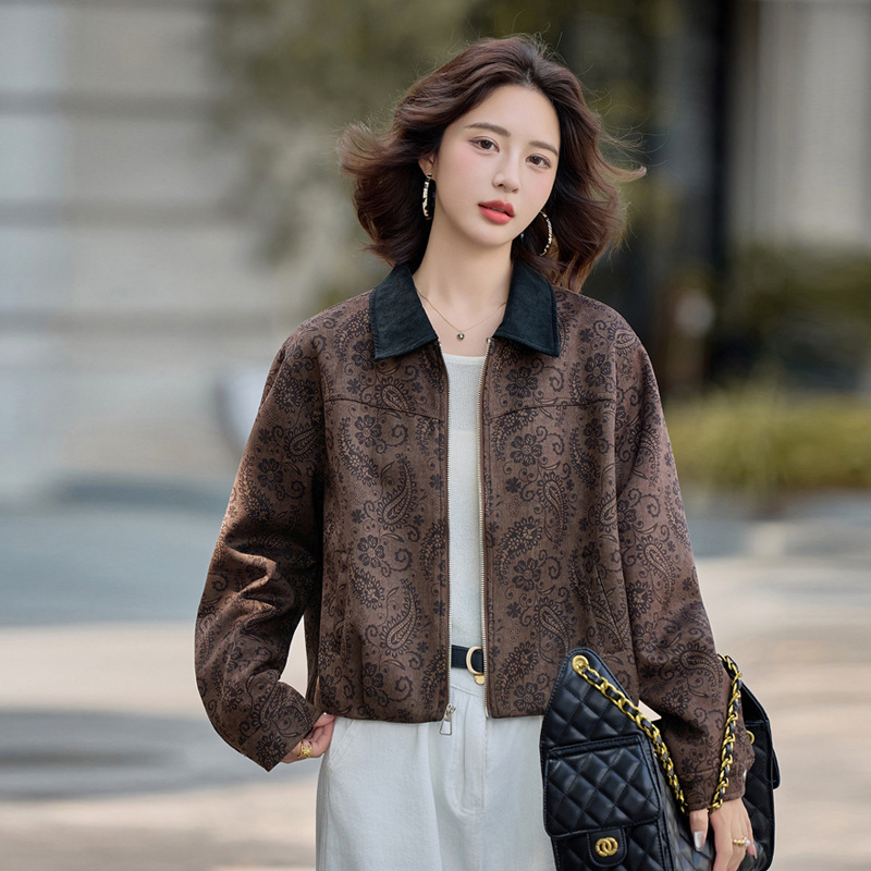 复古印花麂皮绒短外套女2025春秋新款洋气时髦显瘦设计感夹克上衣|undefined