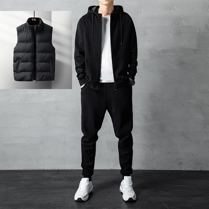 Hooded Sweater Set Men's Autumn and Winter New Korean Style Large Size Fleece-Lined Thickened Cardigan Vest with Three-Piece Set