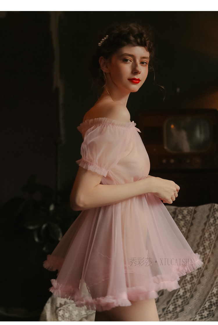 Sheer Mesh Babydoll Nightdress with Matching Panty, Pink One Size — detail image 28