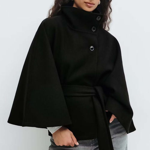 European and American women's clothing autumn and winter new style Amazon cross-border fashion solid color cape standing collar button belt windbreaker outer