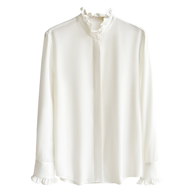 秋の新スタイルライトラグジュアリーデザインニッチサテンフレンチスイート耳立ち襟白シャツレディース人気トップス