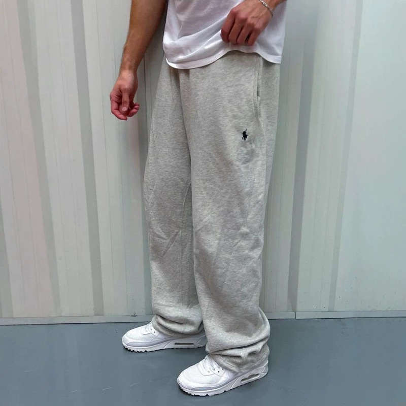 American retro Polo-style men's loose-fit, straight-leg, wide-leg sweatpants with light floral gray color and small horse embroidery, offering a relaxed and casual look