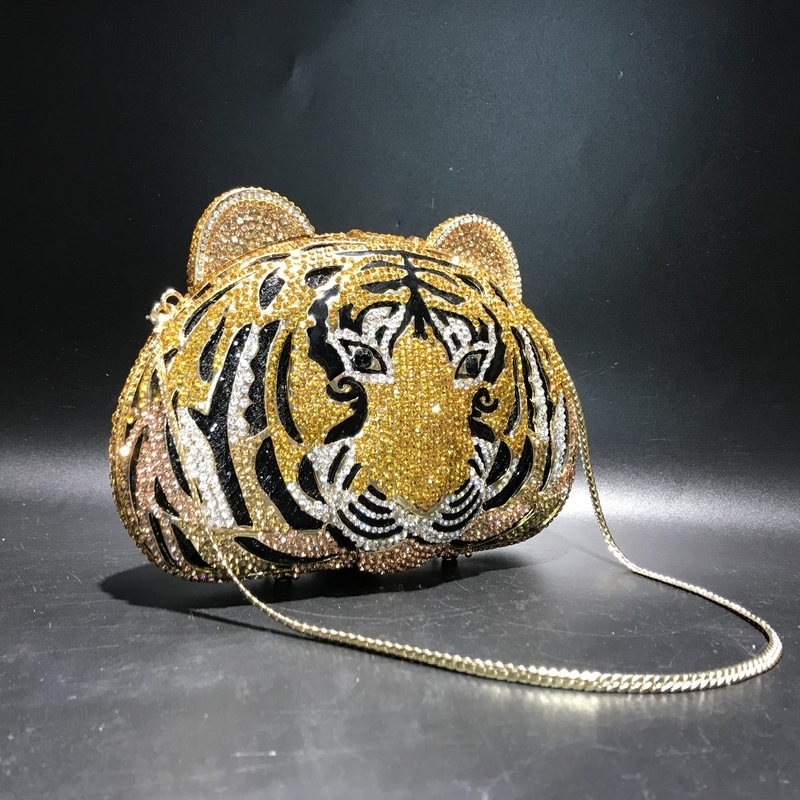 Bolsas de diamante de tigre, bolsas de cena de cristal metálicas, bolsas de diamantes hechas a mano, bolsas de mano de mujeres.