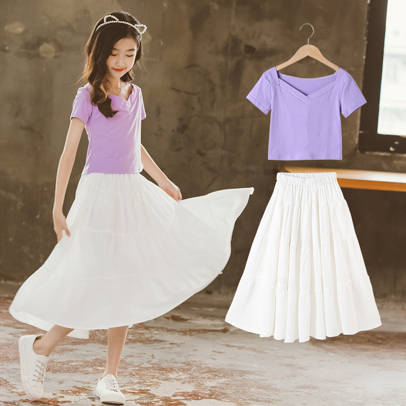 童装套装2021夏季新款韩版中大童短袖上衣雪纺半身裙子甜美两件套