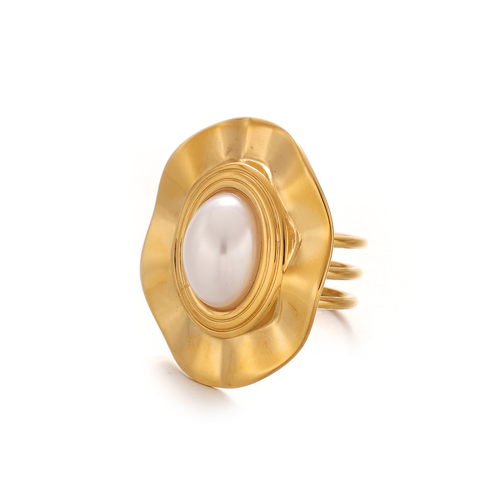 Anillo de flor de perla de moda de acero inoxidable transfronterizo de Tena, diamante, acero de titanio, no se desvanece, diseño de apertura, sentido del anillo femenino