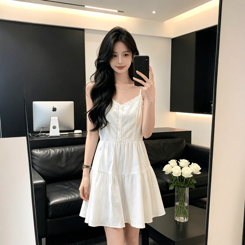 White strap dress for women, new summer Korean style, waist-cinching A-line short dress, fresh and elegant outfit for petite women