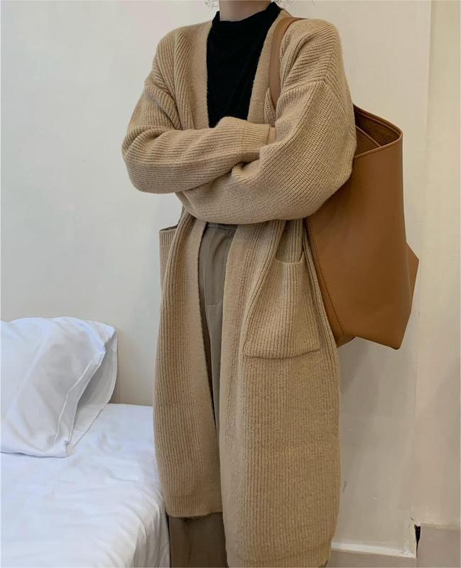 韩版中长款针织开衫女秋冬新款宽松慵懒风大口袋气质软糯毛衣外套|undefined