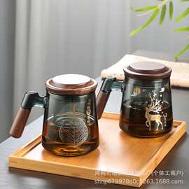 胡桃木把手高硼硅玻璃泡茶杯家用大容量带过滤内胆茶水分离三件杯