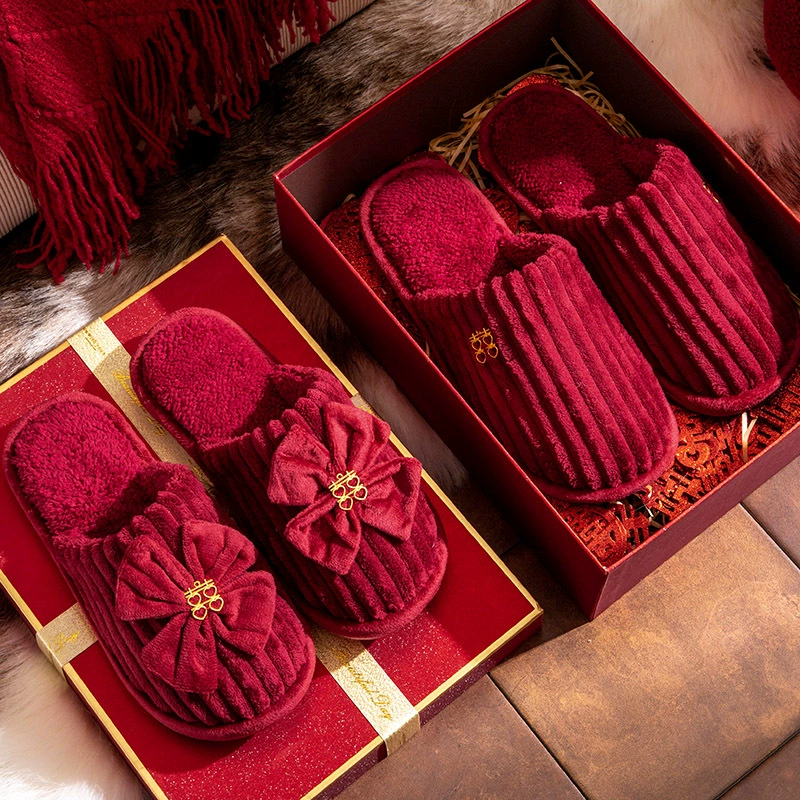 Свадебные тапочки праздничный красный пара зимой теплая противоскользящая невеста жених приданое свадебные тапочки