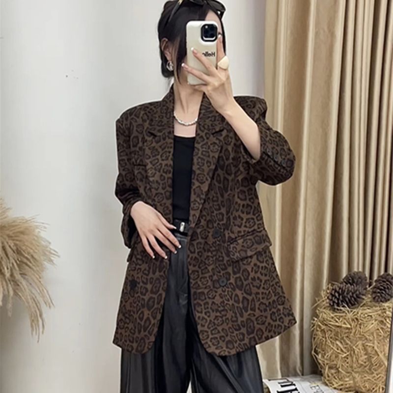 High-End Leopard Print Suit Jacket for Women Mid-Length Autum New Hepburn Style Long-Sleeved Fashion Casual Suit Top