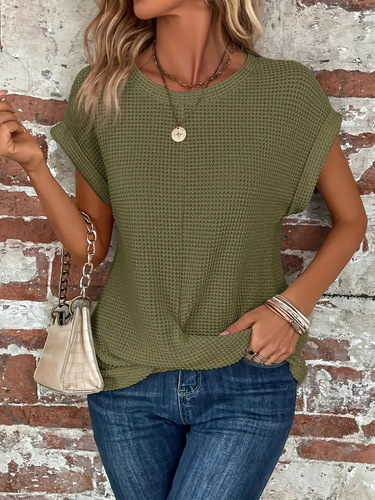 2025 New Solid Color Round Neck T-Shirt Elegant Short Swing Hem Top Spring Women's Amazon Cross-border Best Seller
