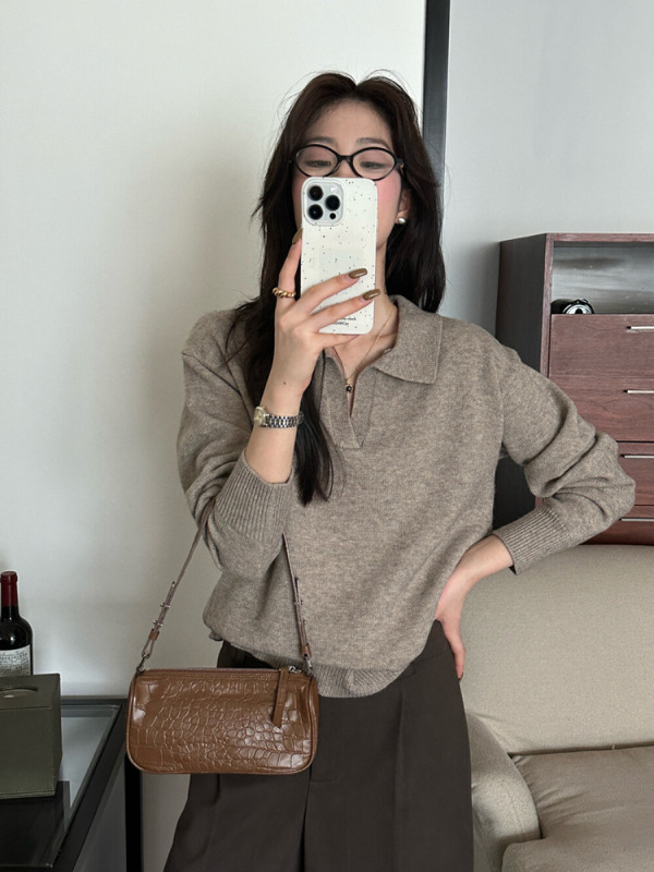 法式慵懒风POLO领时尚针织衫女秋冬新款高级感气质减龄打底衫毛衣|undefined