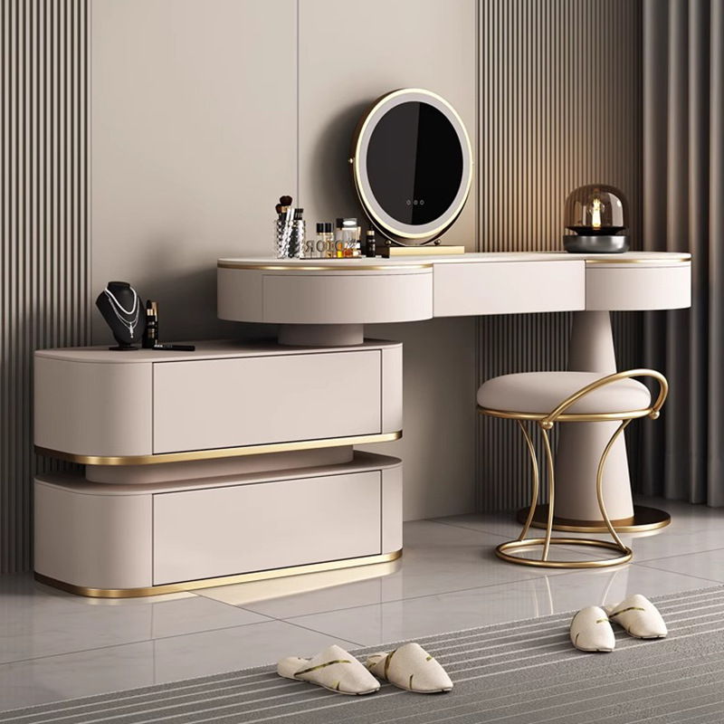 Modern light luxury leather vanity table, solid wood bedroom, high-end storage, retractable vanity, desk with bookcase in one