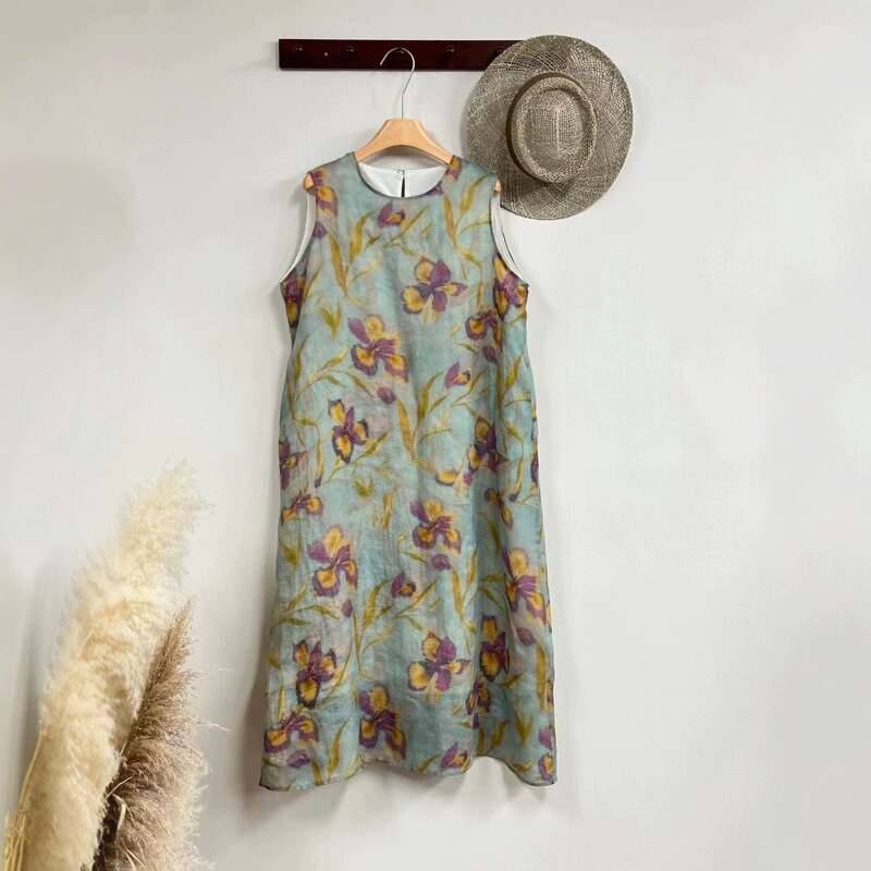 Vintage Digital Print Ramie Tank Dress Summer Artistic Round Neck Pullover Sleeveless Lightweight Ramie Robe for Women