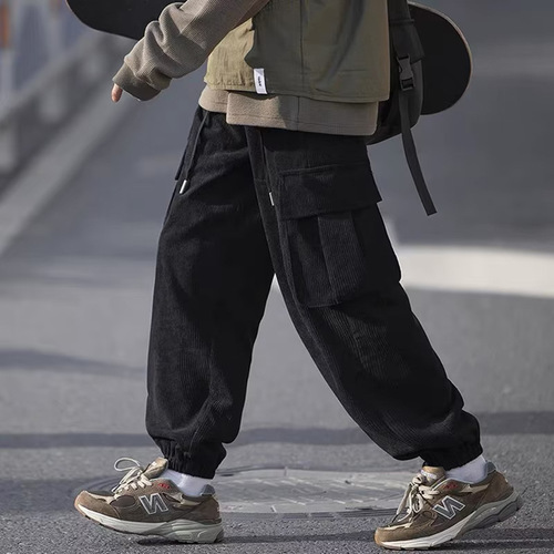 Japanese corduroy work pants for men, autumn American casual retro multi-pocket high street loose plus-size tie-up pants