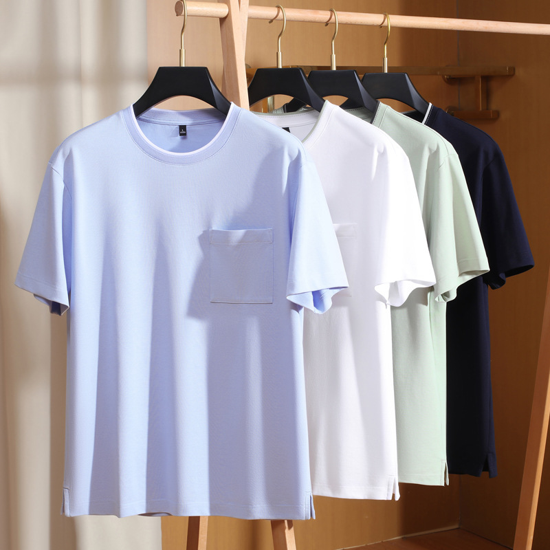 Cross-border Foreign Trade White Short-sleeved T-shirt Men's Color-matching Pocket Base Light Cool Sense Men's Top Solid Color Summer Fashion